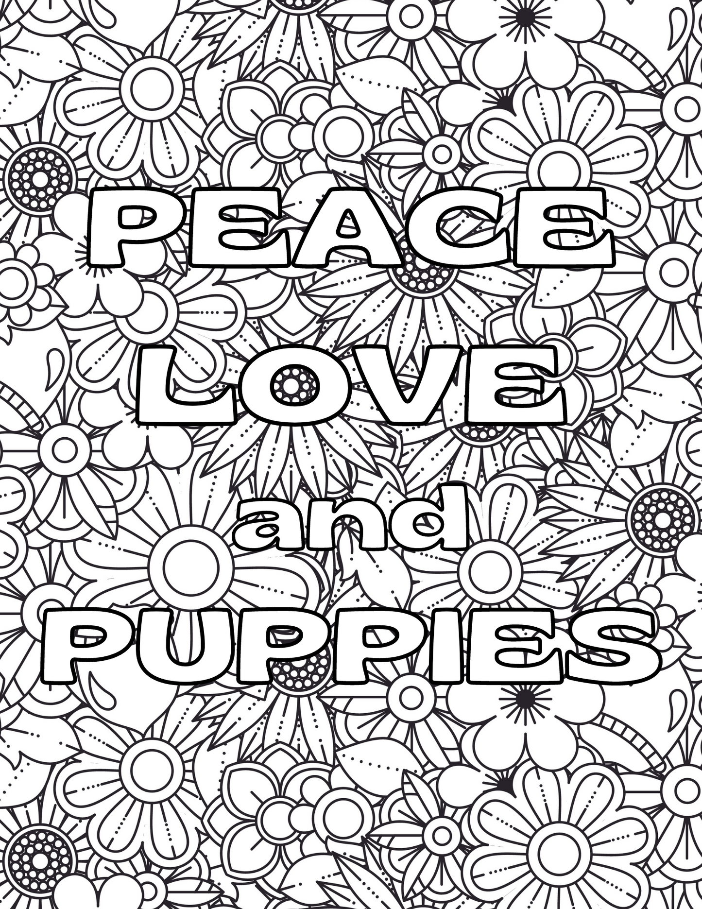 Peace Love & Puppies Coloring Page